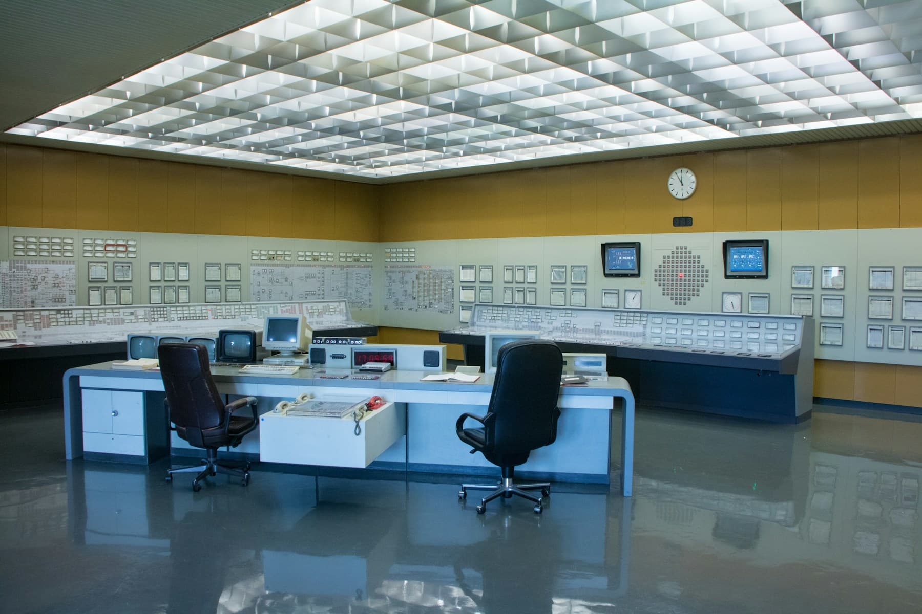 Power plant control room with instrument panels